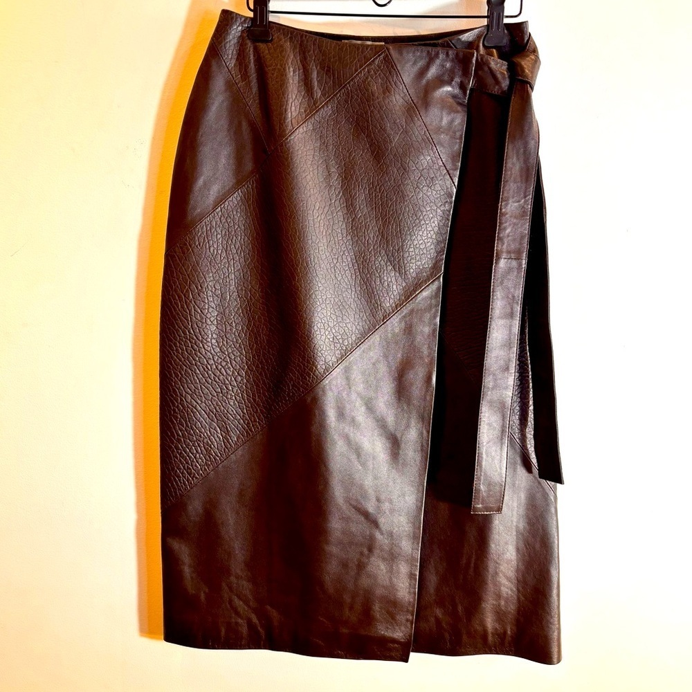 ASOS Sz 0 Brown Leather Wrap Midi Skirt Smooth and Patterned Lined Belted NWOT